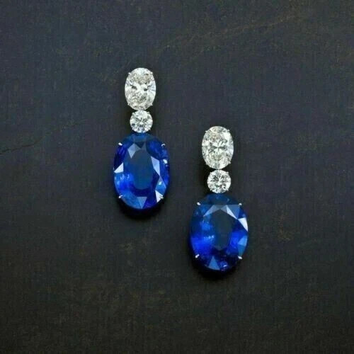 3Ct Oval Lab Created Sapphire & Diamond 3 Stone Drop Earrings 14K White Gold FN