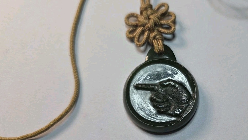 Dark Green Jade Pendant With Pointing Hand Design, Brown Knot Cord