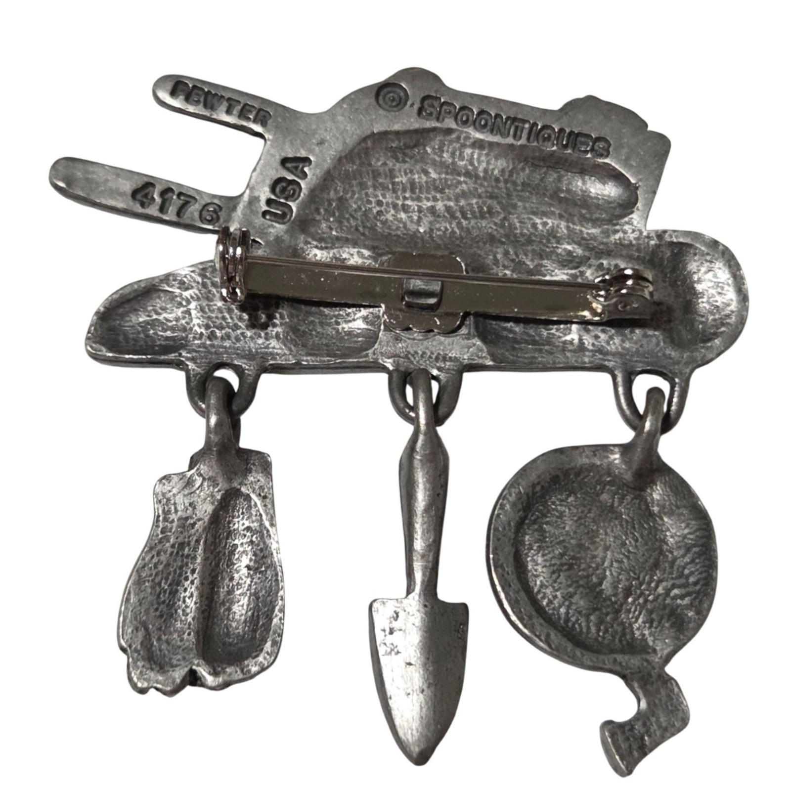 Vintage Pewter Garden Tools Brooch Shovel Hose Gloves Wheelbarrow Design USA