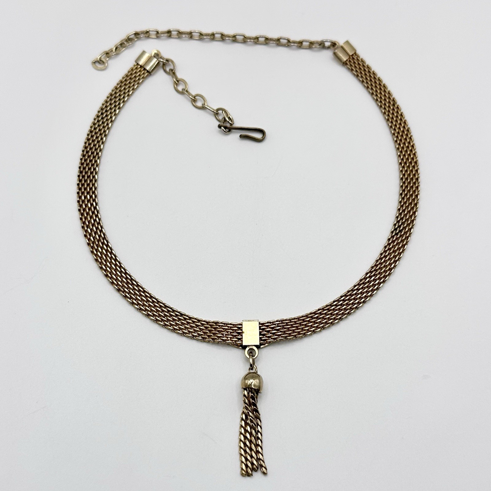 Vintage Signed Judy Lee Necklace Gold Tone Mesh Tassel Dangle Chain 13-16”