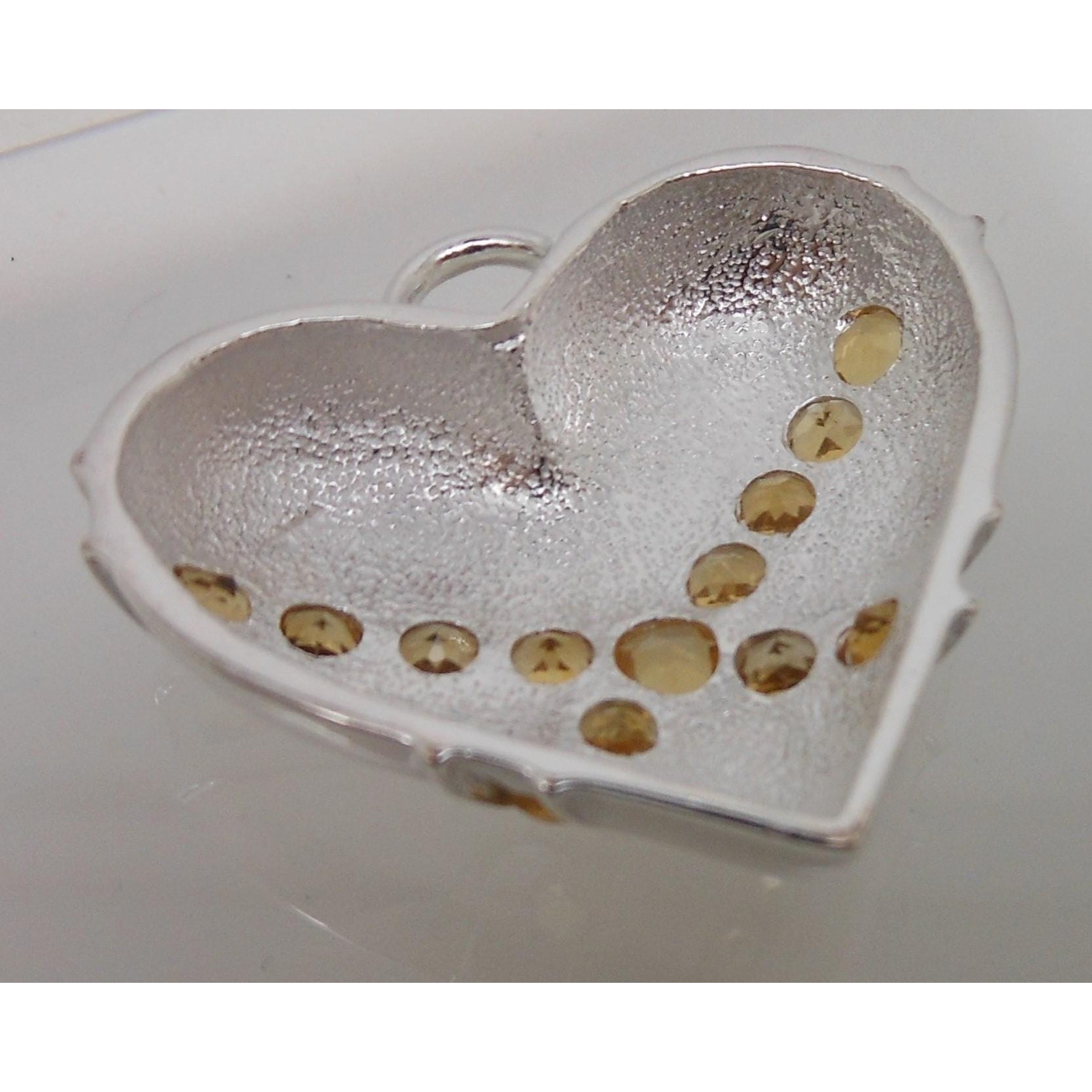 1990s Vintage Citrine Sterling Silver Gemstone Necklace Puff Heart Pendant Boxed