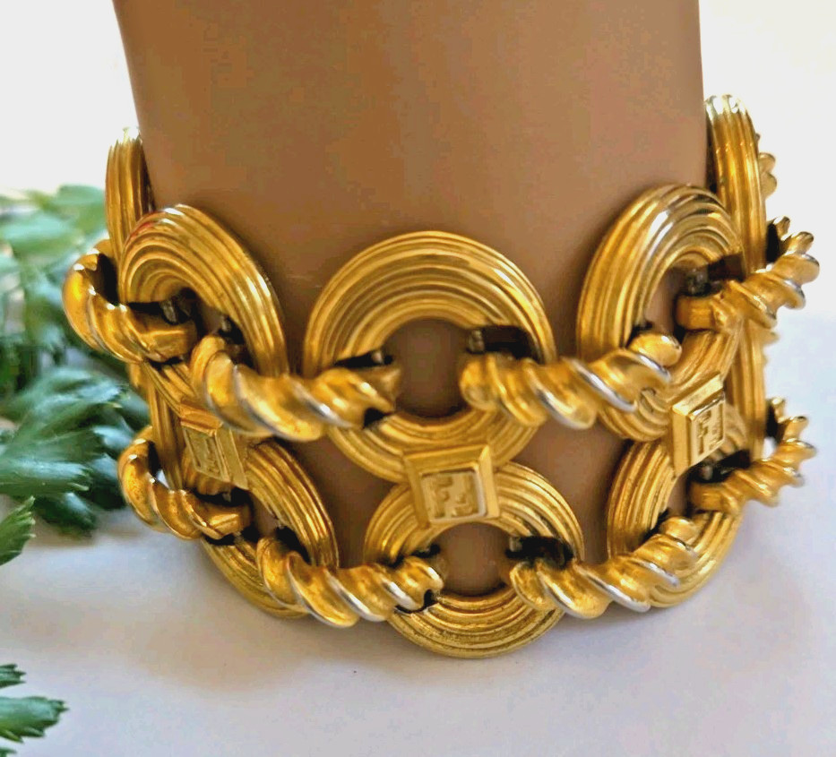 Vintage FENDI Wide Two Row Gold Plate Bracelet 8″ Length Signed 80s