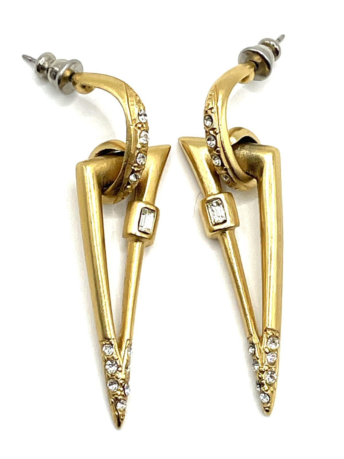 Vintage Jackie Collins Brushed Gold Rhinestone Geometric Drop Dangle Earrings 2”