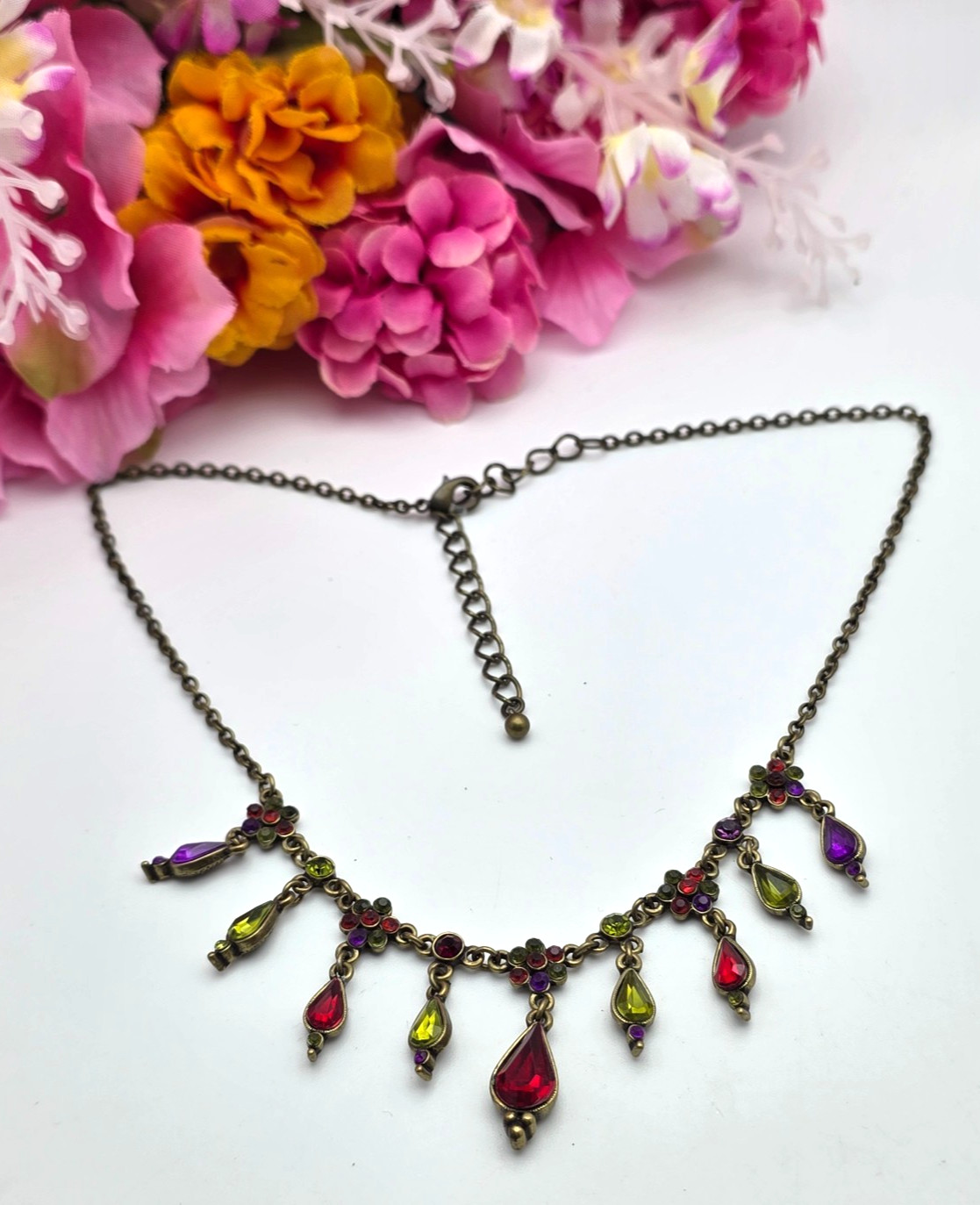 Vintage Brass Tone Multicolor Rhinestone Teardrop Fringe Necklace 19 in adj.
