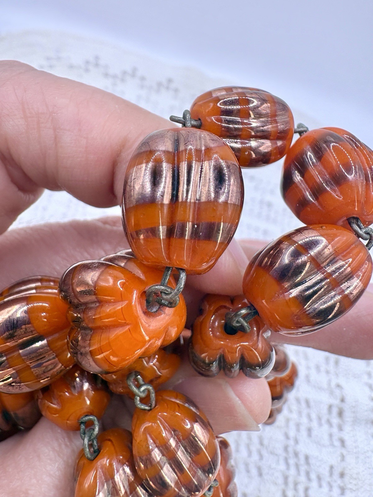 Vintage Czech Melon Foil Glass Graduated Necklace Lampwork Pumpkin 28”