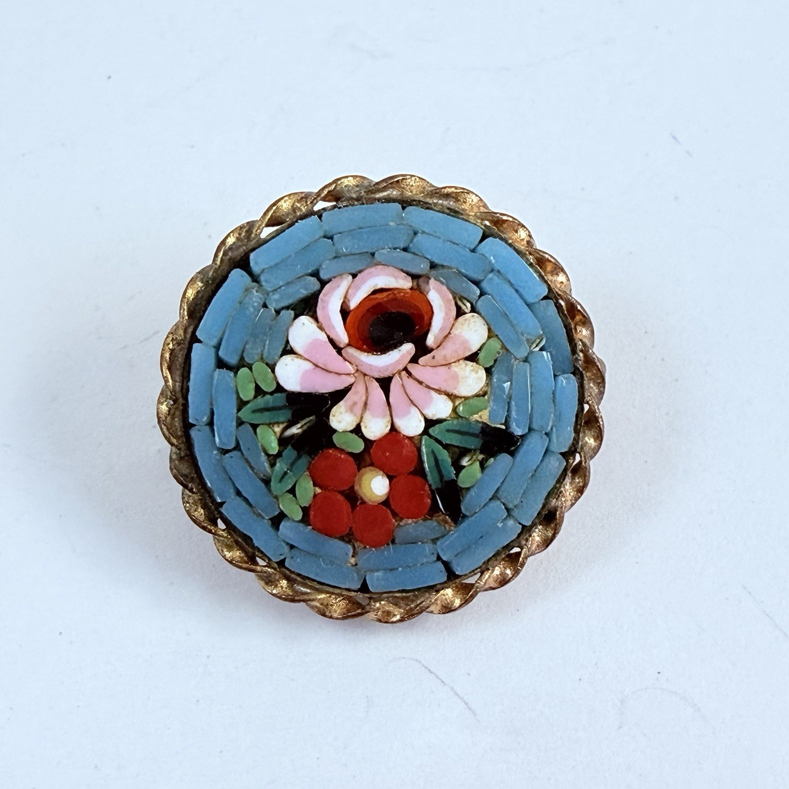 Vintage Glass Mosaic Flower Round Lapel Pin Brooch Italy