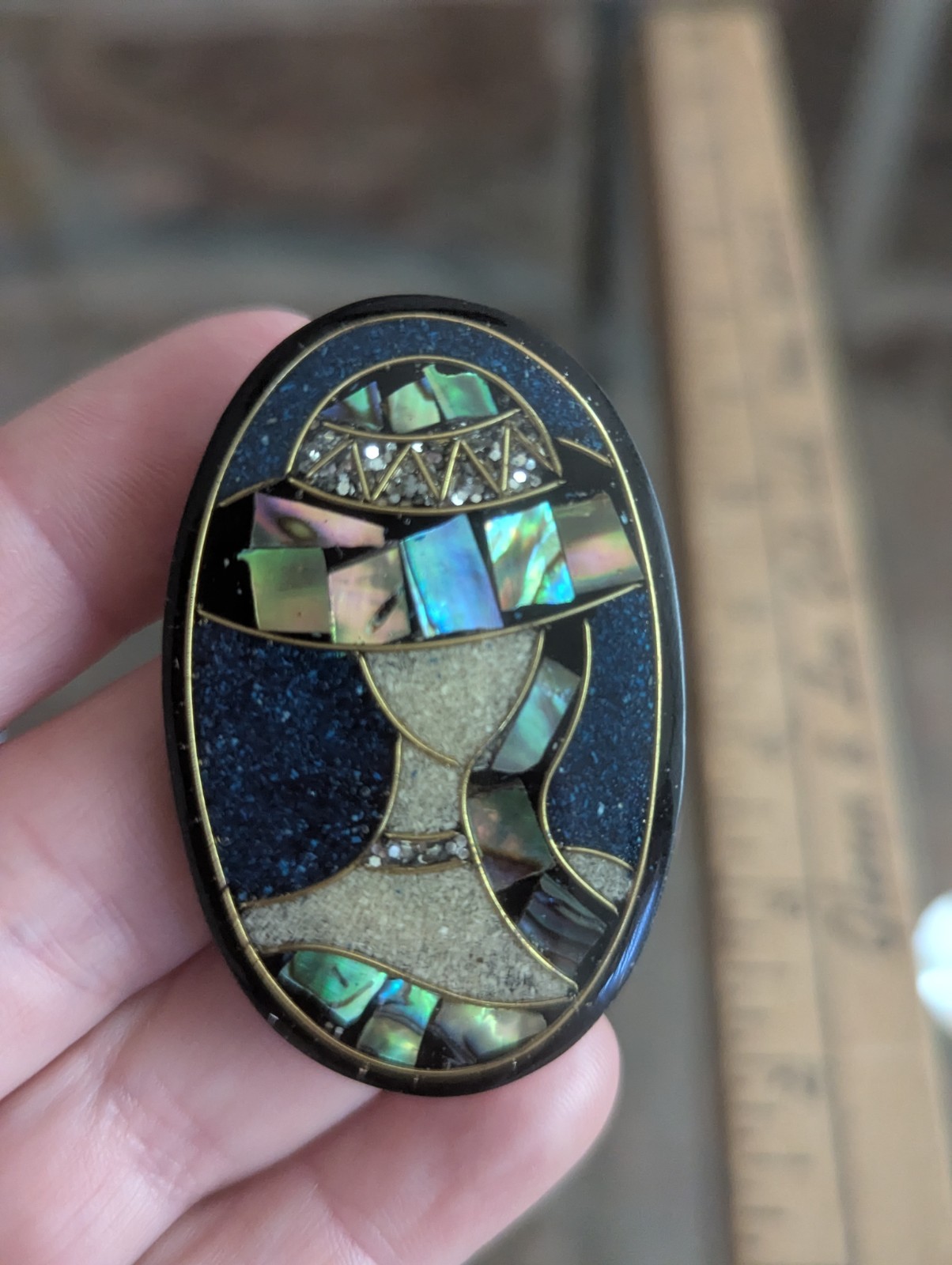 Vintage Mosaic Inlay Brooch Lee Sands Style Lady Hat Oval Abalone Paua Art Deco