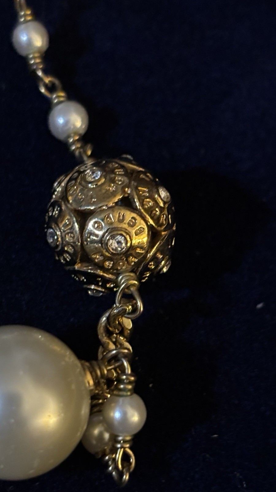 Vintage Signed Henri Bendel 2 Strand Faux Pearls Crystal Station Necklace 42”