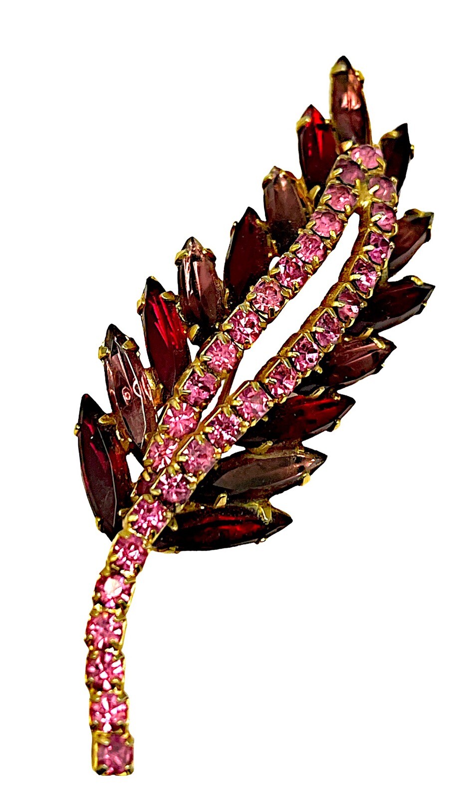 LOVELY GOLD-TONE FINISH FUCHSIA PINK & RED RHINESTONE FLORAL BROOCH