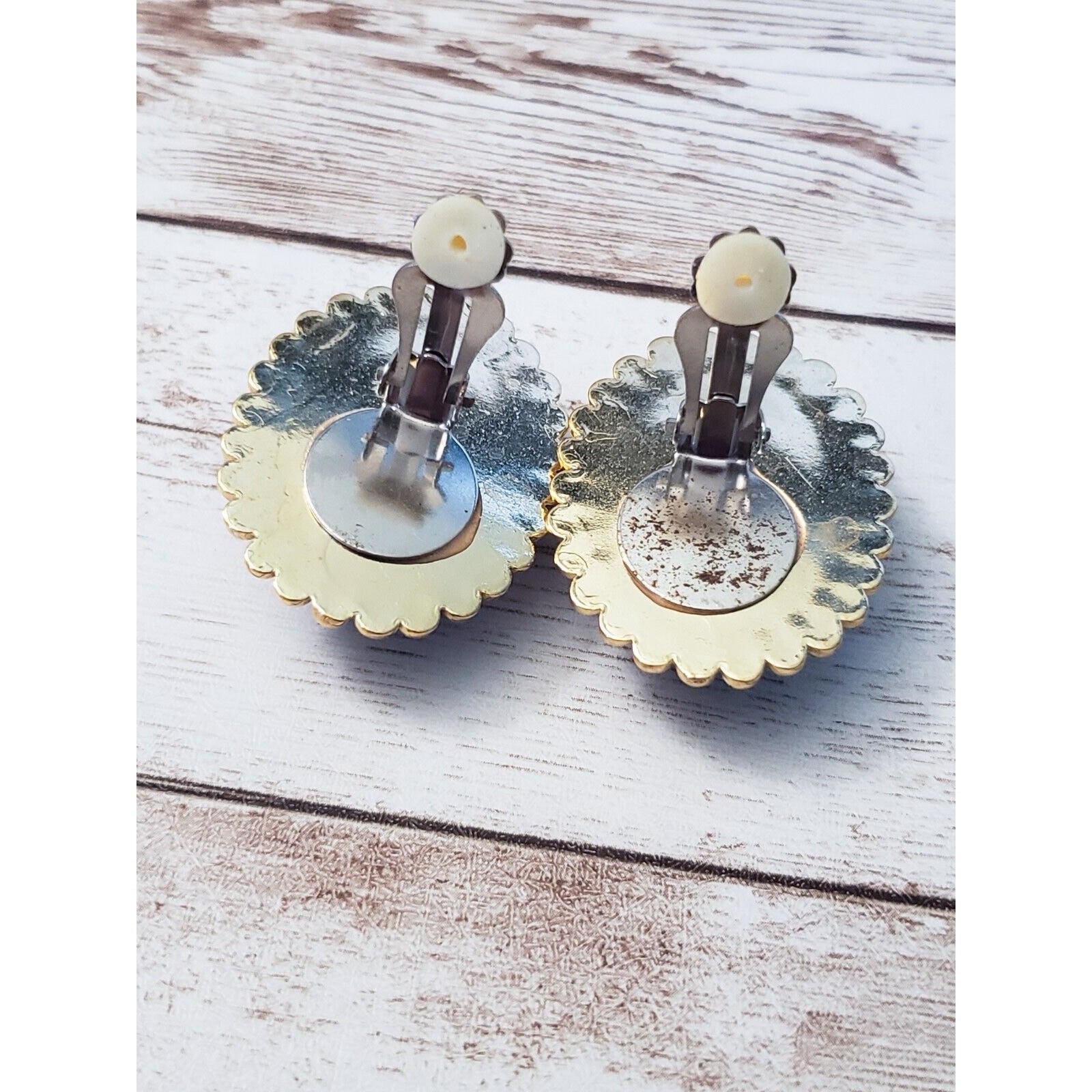Vintage Clip On Earrings Large Chunky Statement Brown with Gold Tone Halo