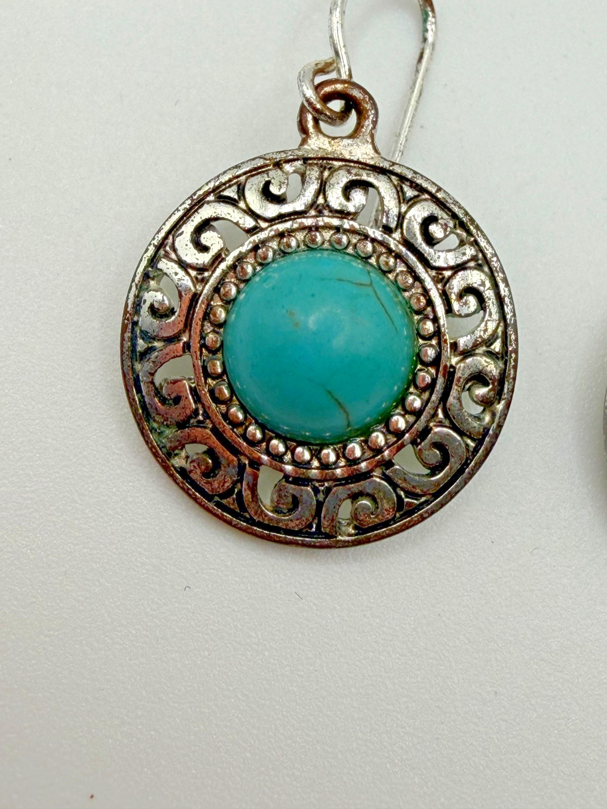 VINTAGE DANGLE EARRINGS TURQUOISE STONES W/ ORNATE FILIGREE METALWORK