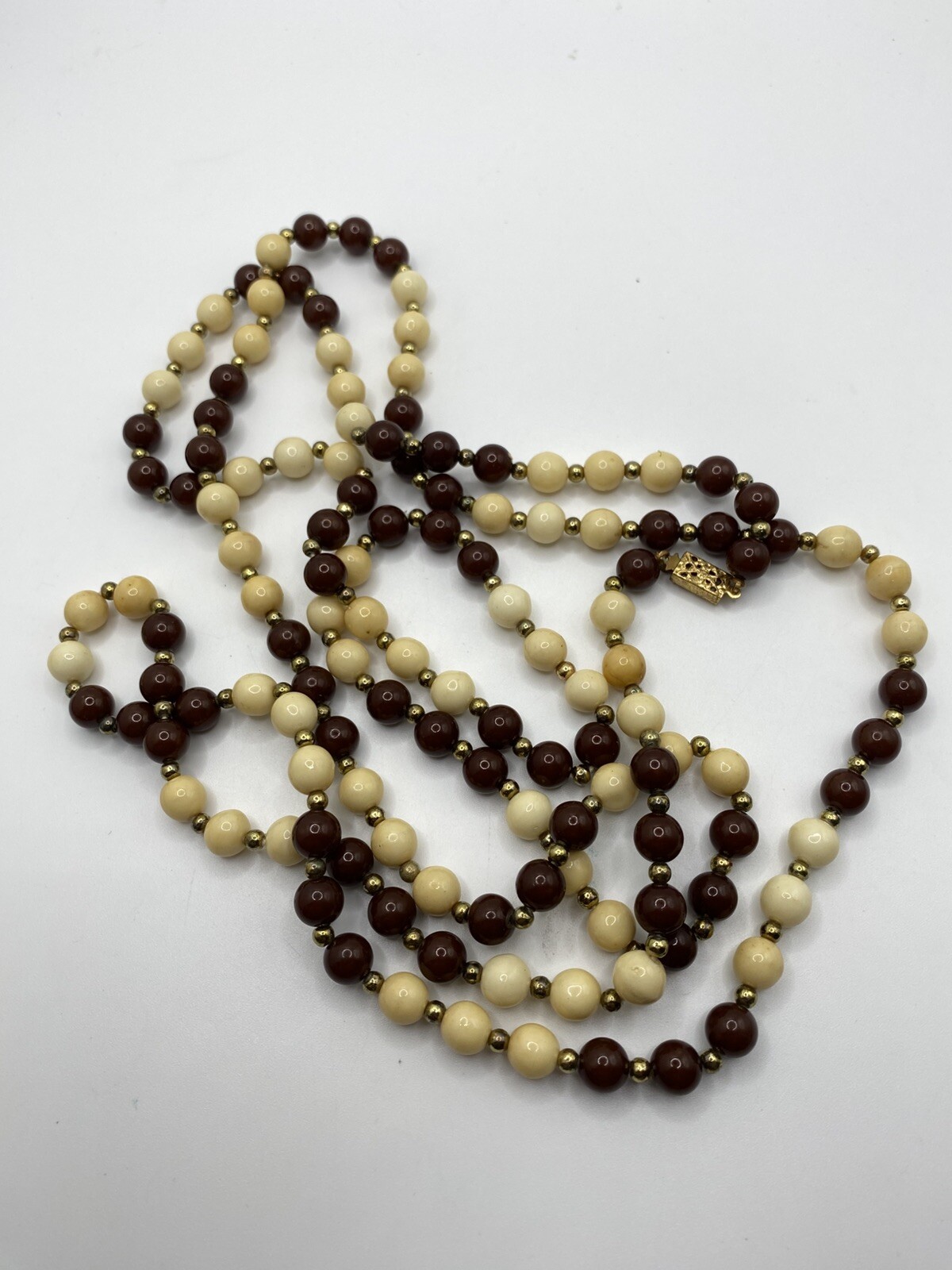 Boho Sty Layered Multi Strand Beaded Necklace Cream Brown Gold Tone Fashion Vtg.