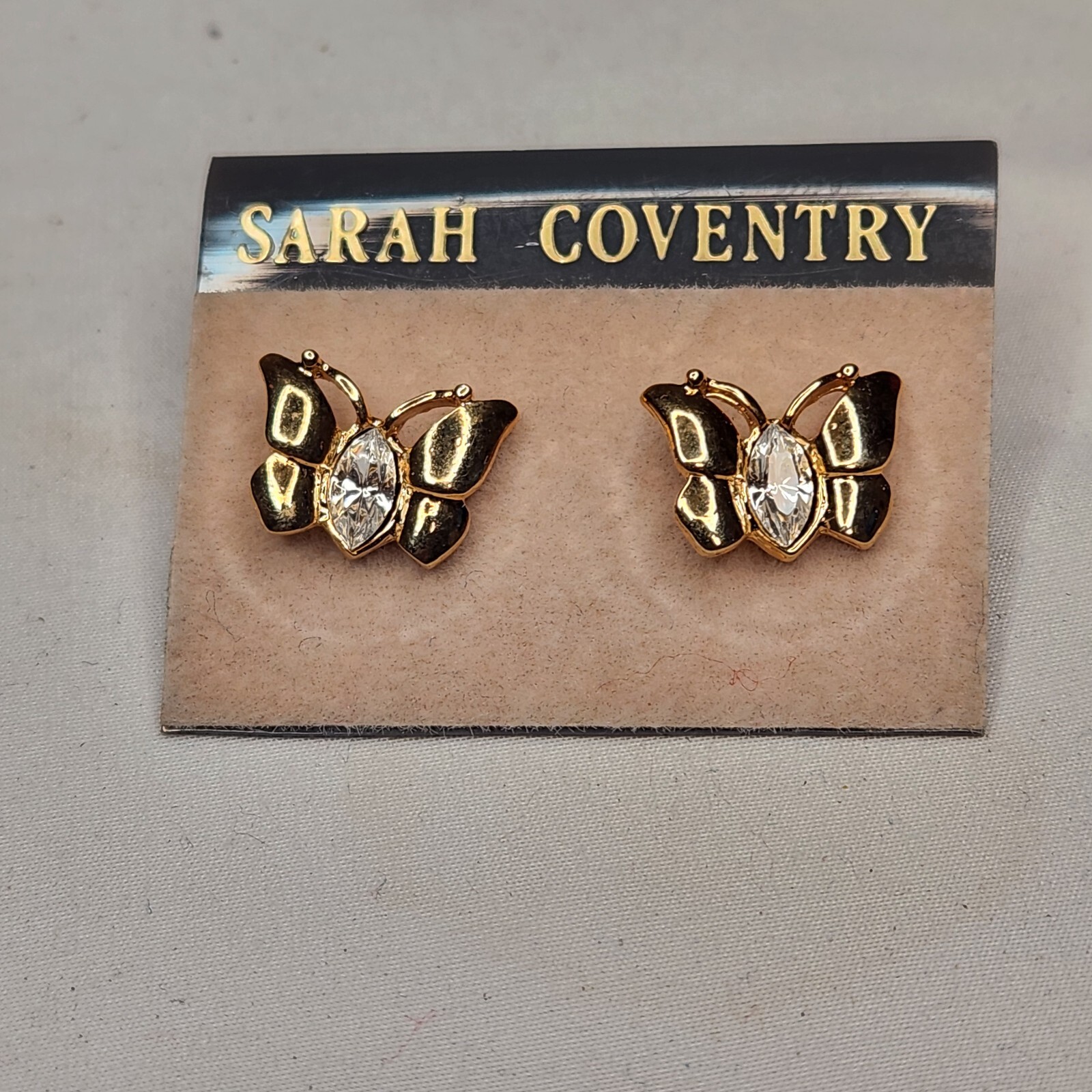 Sarah Coventry Goldtone Butterfly Earrings Clear Rhinestone Post Set 1/2 Inch