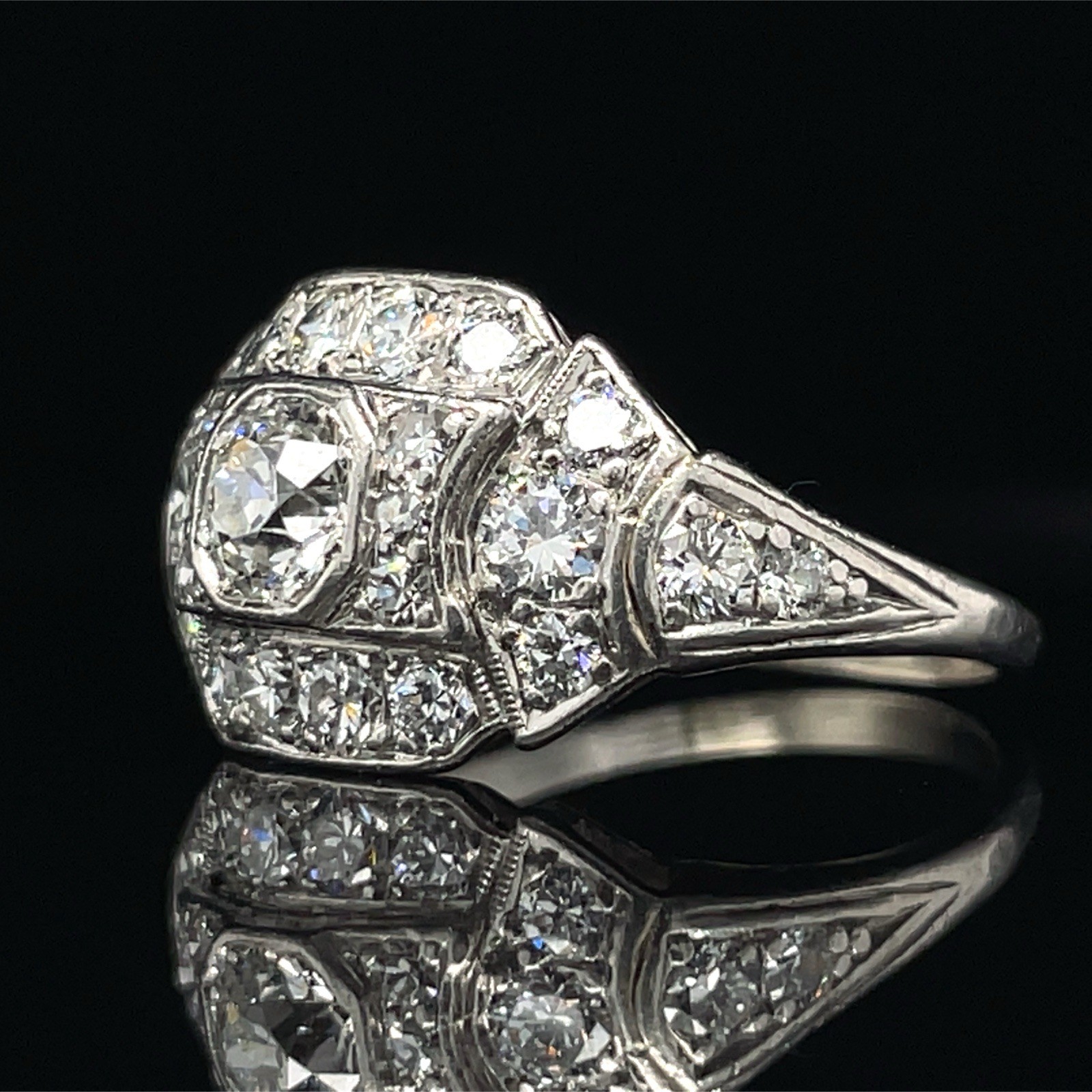 Art Deco Old European Cut Diamond Ring Set In Platinum