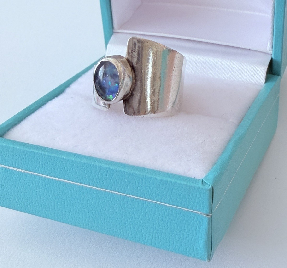 Artisan Hand Made Modernist Sterling 925 Black Opal Band Ring Sz 5.5