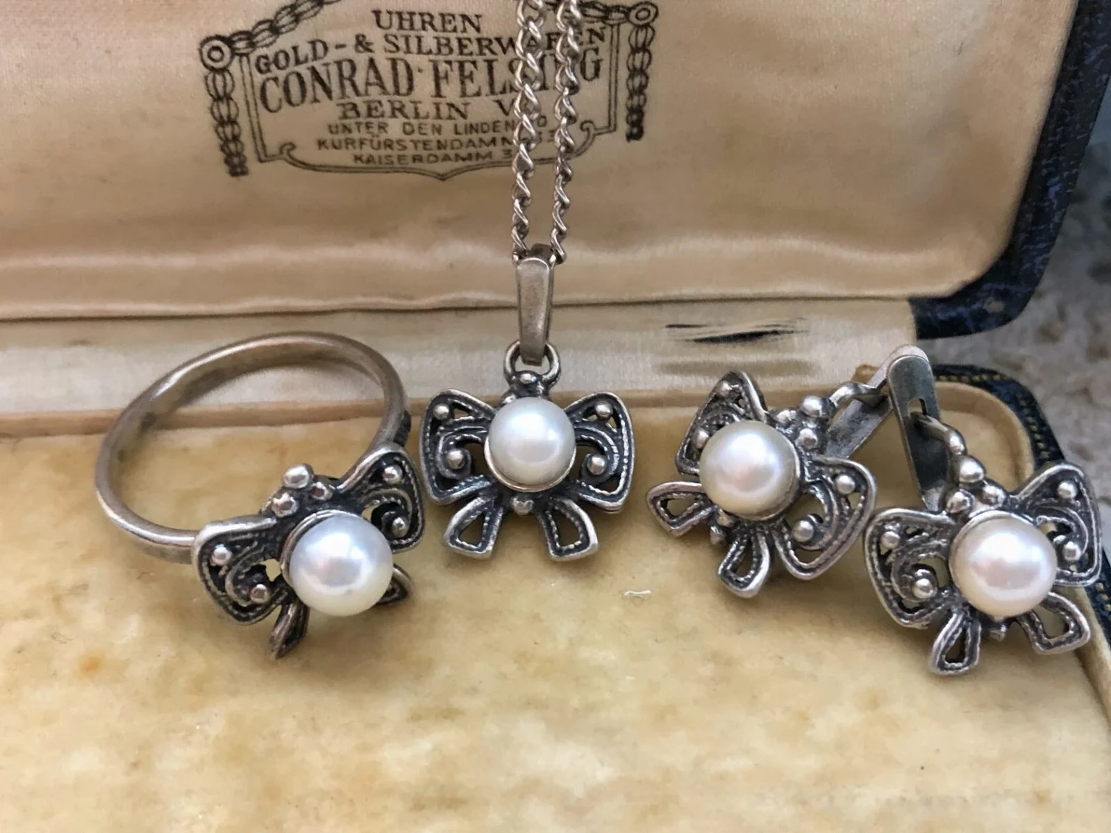 Estate Vintage Soviet Set Earrings Ring & Pendant Sterling Silver 925 Pearl USSR