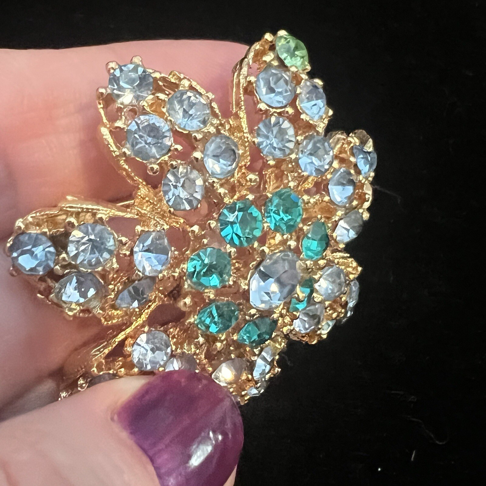 Teal Green And Light Blue Flower Brooch Gold Tone