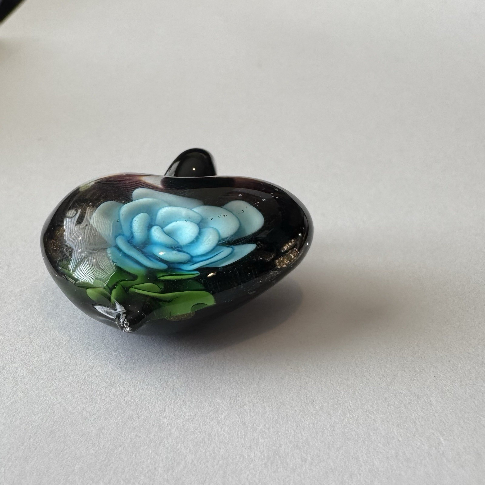 Lampwork Glass Heart Pendant with Radiant Blue Floral Blossom and Gold Glitter
