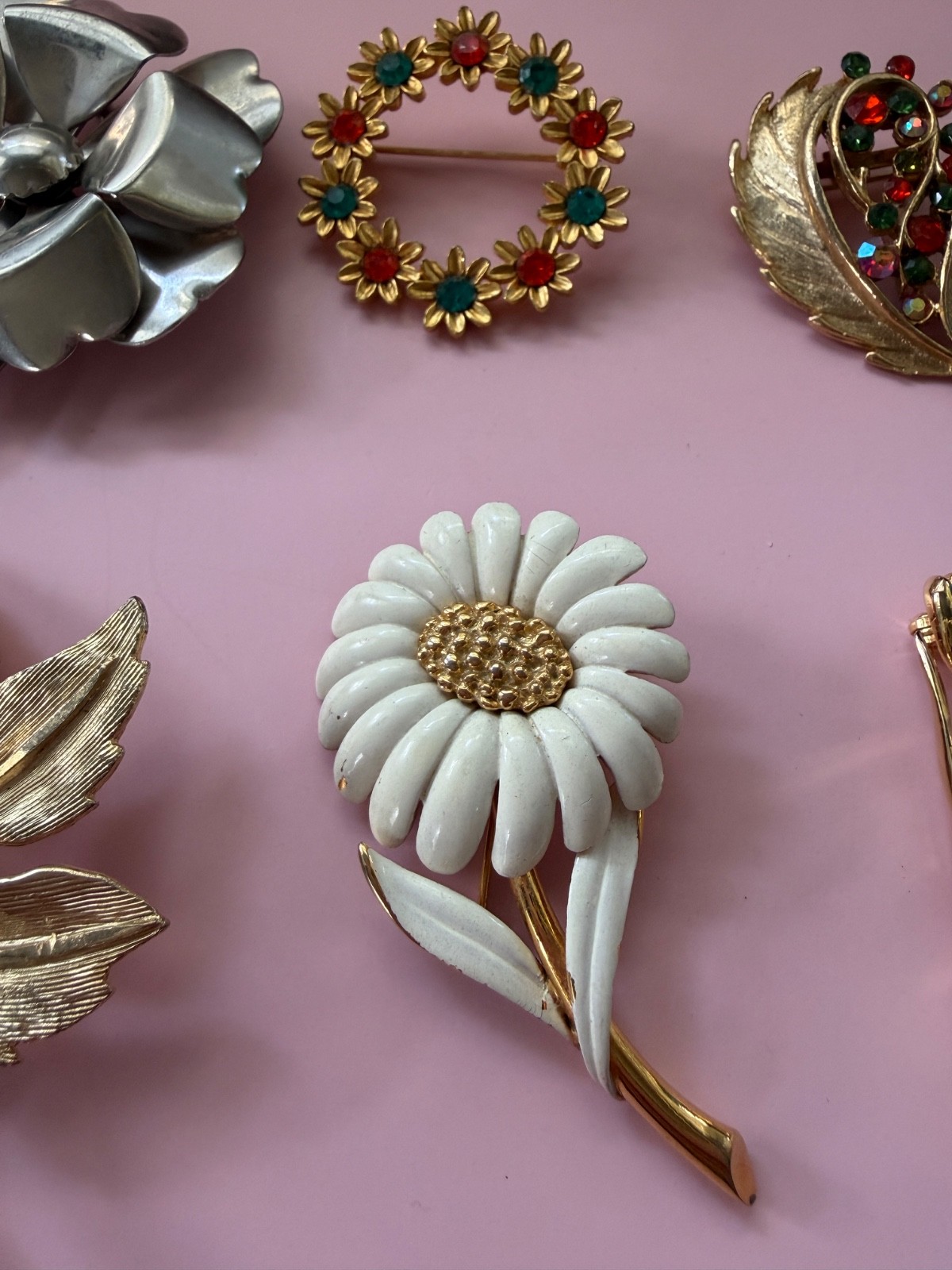Vintage Brooch Lot Gold Silver Tone Floral Leaf Rhinestone 50s 60s 80s