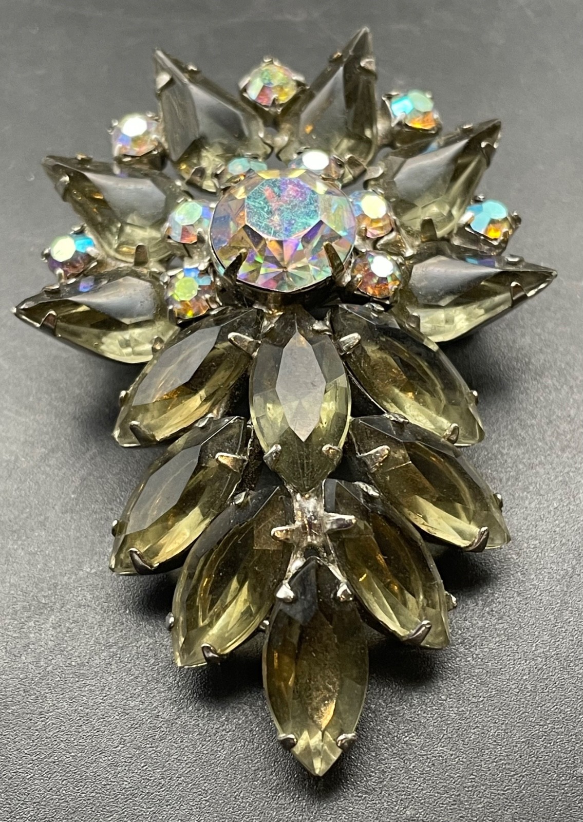 Vintage Czech Brooch, Large Brooch with Rhinestone, Aurora Borealis Brooch
