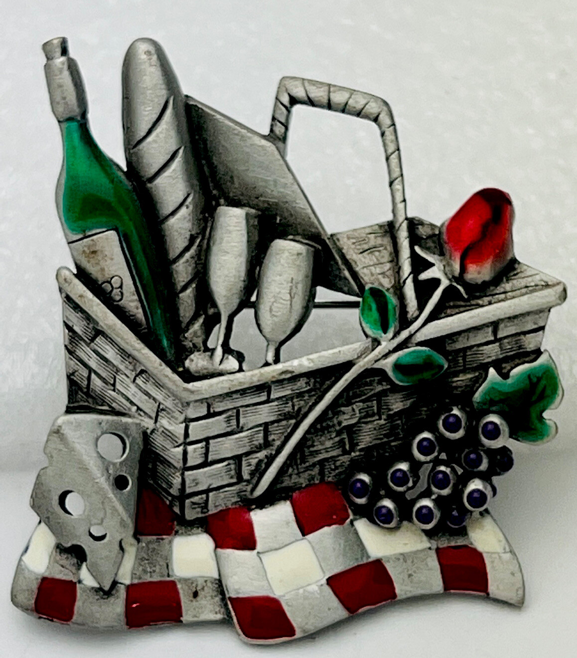 Vintage Pewter Finish Enamel Wine Grape Picnic Basket Pin Brooch