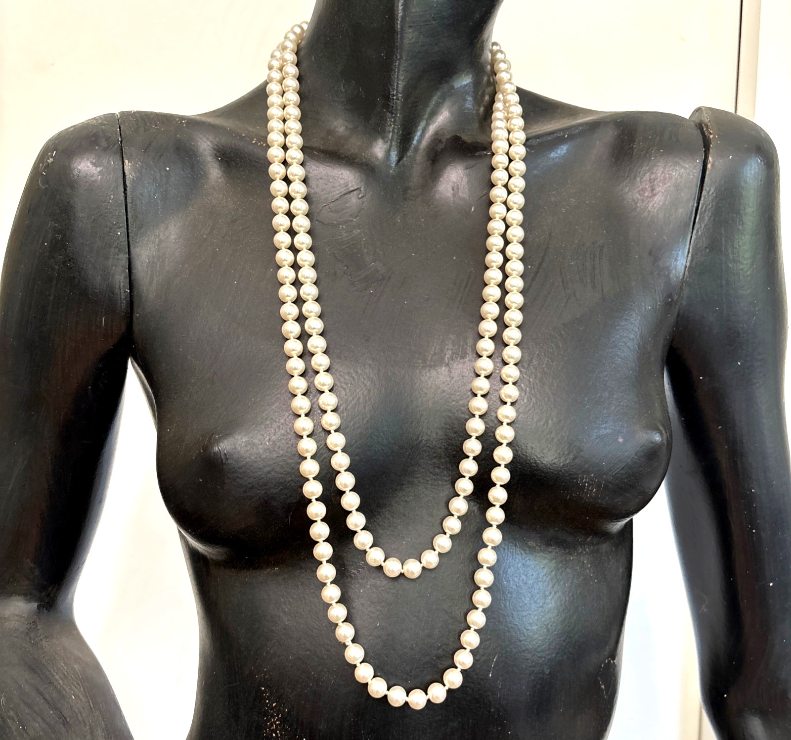 Vintage 60” White Faux Pearl Glass Hand Knotted Beaded Endless Strand Necklace