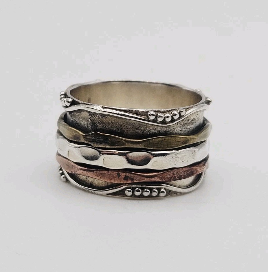 Sterling Silver Vintage Mixed Metal 3 Band Spinner Ring Size 8