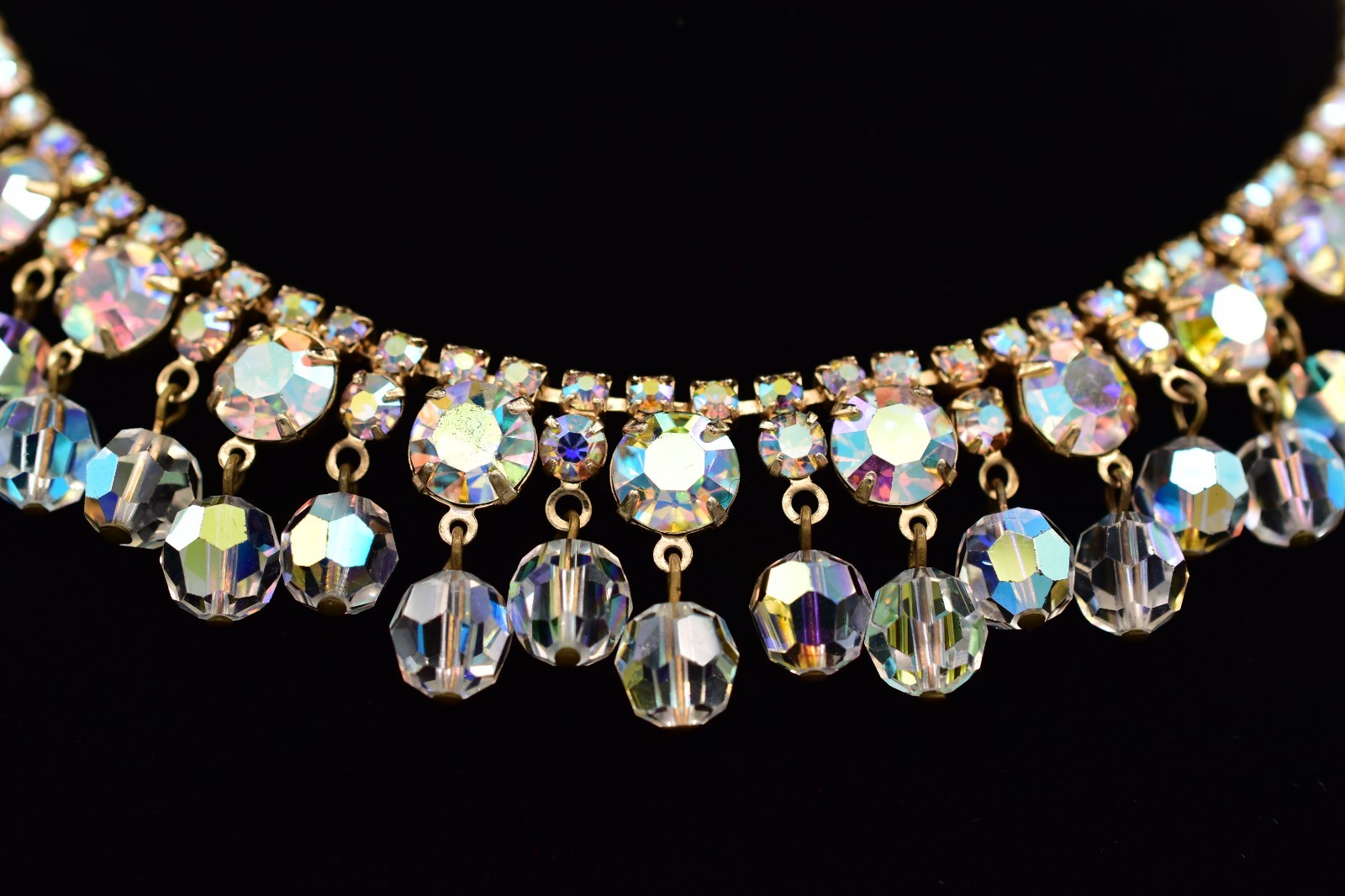 Vintage Crystal Choker Necklace AB Cluster Prong Rhinestone Gold Retro 50s BinBN