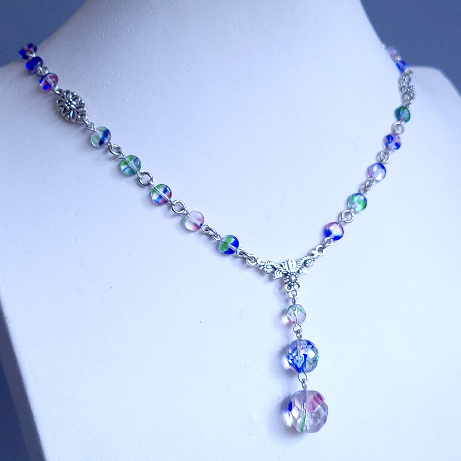 Iris Glass Necklace 19” Multicolor Czech Vintage Beads Women`s Jewelry