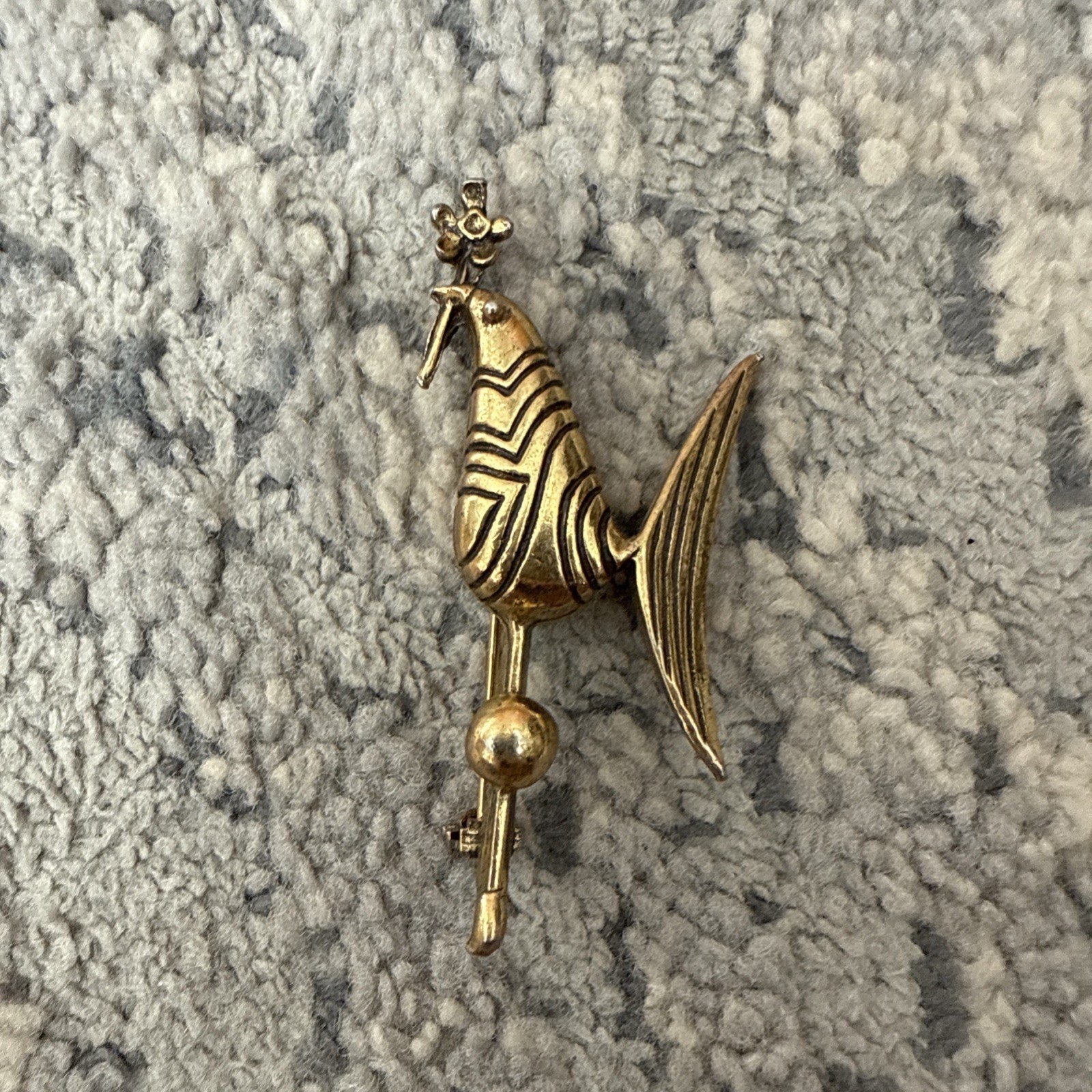 Vintage Signed Zentall Bird With Flower Gold-Tone Brooch Pin, 2.25″