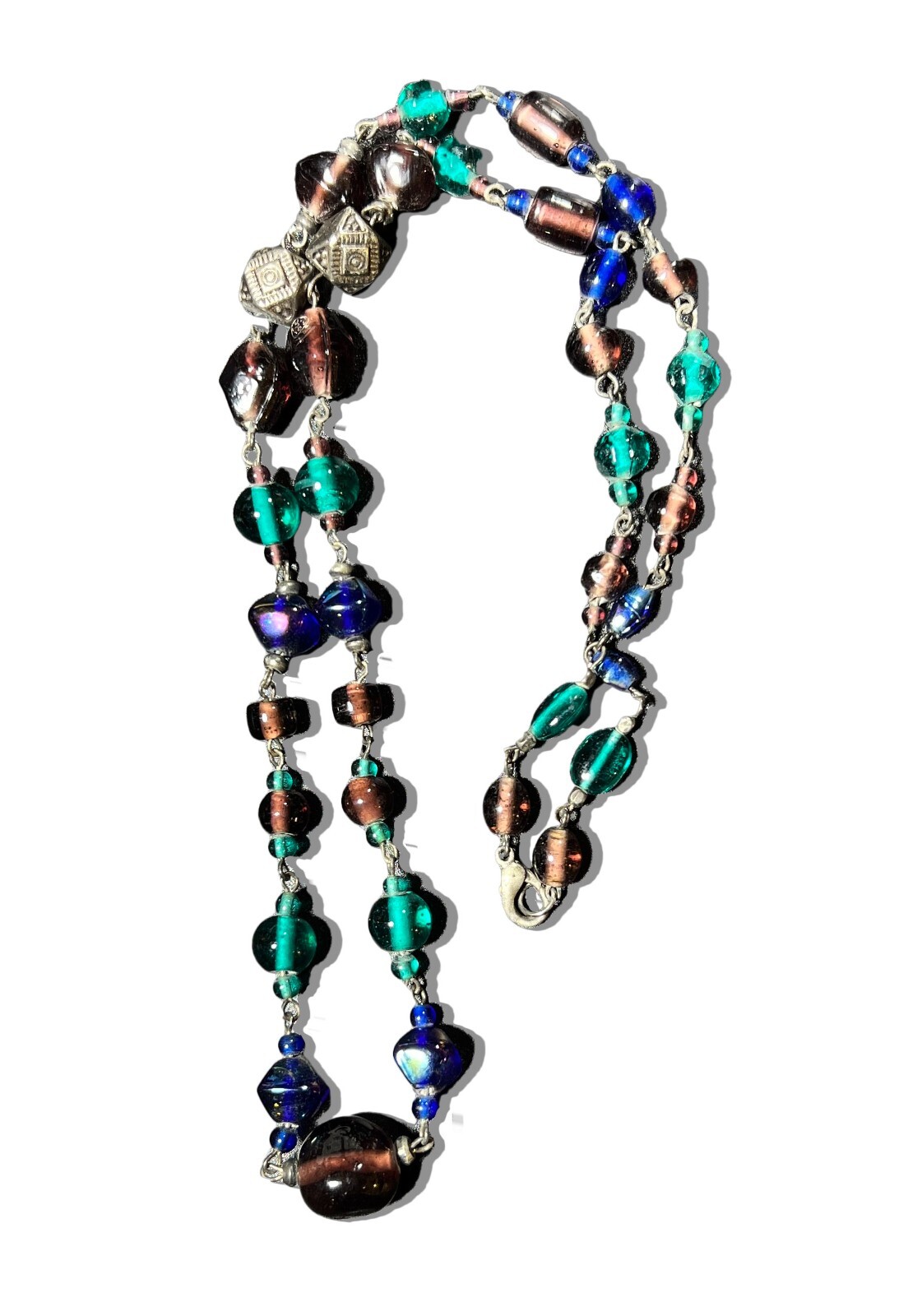 Vintage Blue, Green, Red Bauble & Tribal Silver Nugget Beaded Link Necklace