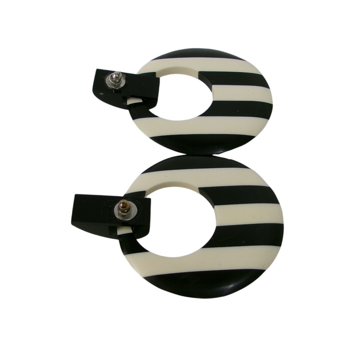 Large Vintage Black & Off White Striped Resin Pierced Earrings