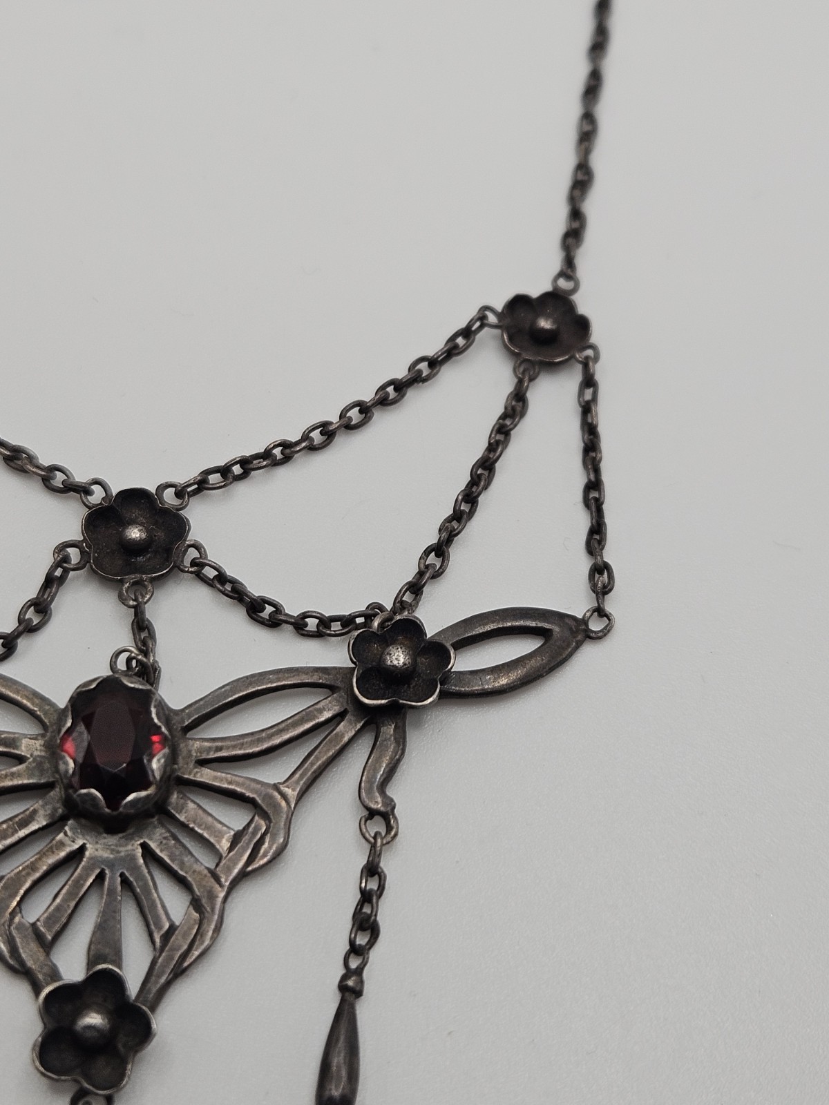 Vintage Victorian Revival Festoon Sterling Red Garnet Flower Necklace As Is