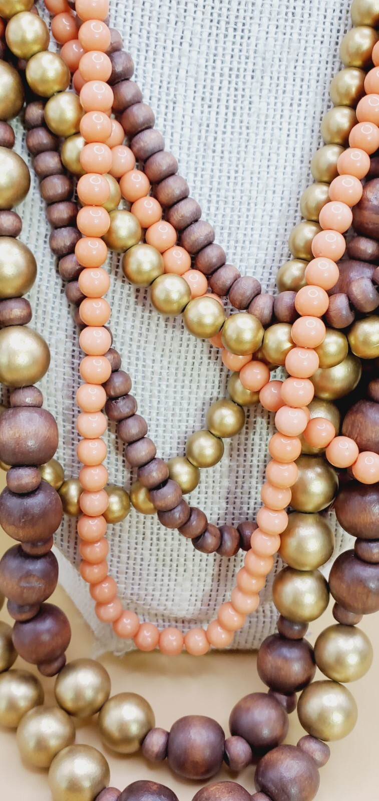 VTG Multi Strand Peach, Brown and Gold Wood and Plastic Beaded Necklace 17″ woo1