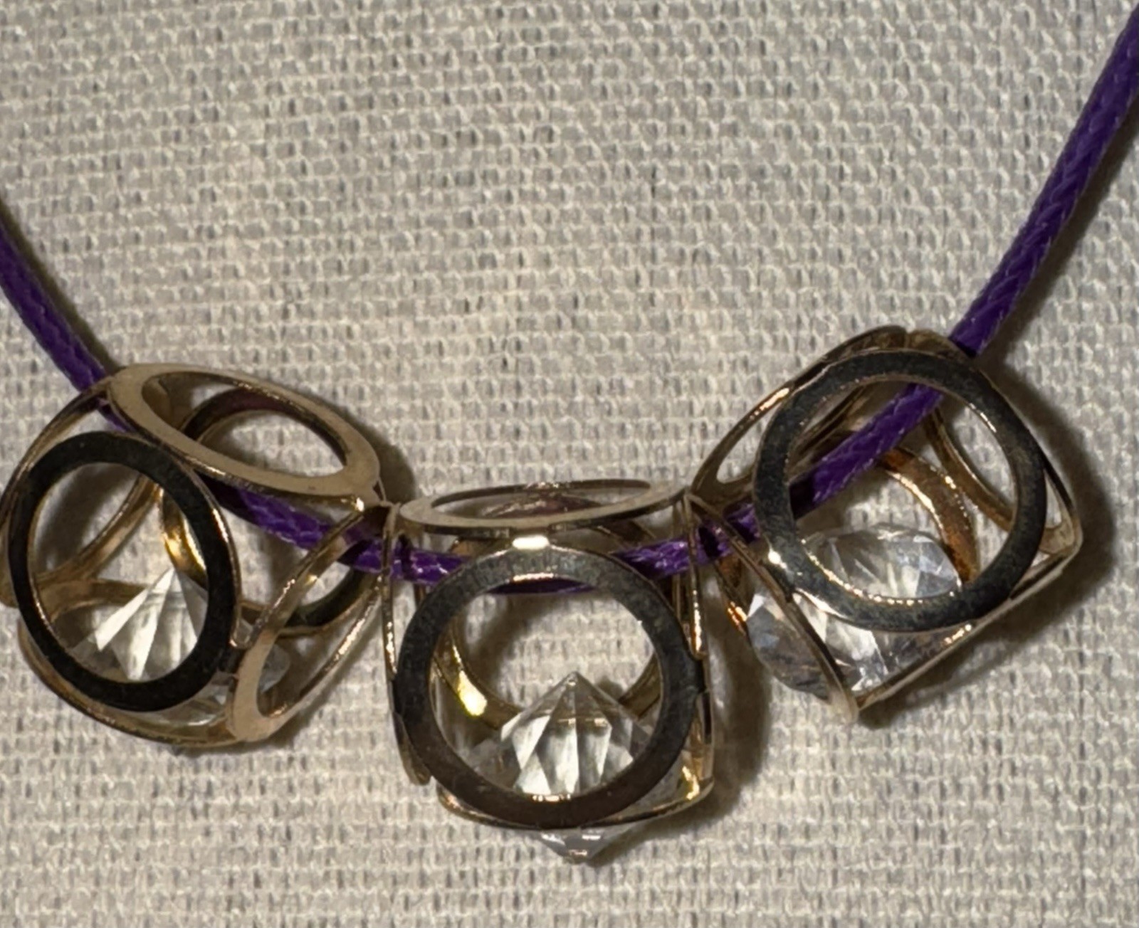 Vintage 1970’s Goldtone & Glass Gem 3 Cube Pendant On Purple Cord Necklace