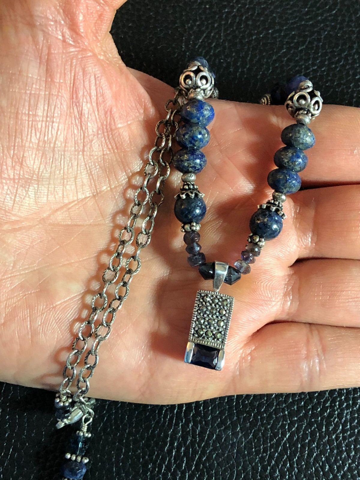 Vintage Sterling Silver Lapis Bead Necklace Boho Natural Blue Gemstones 19″ 6060