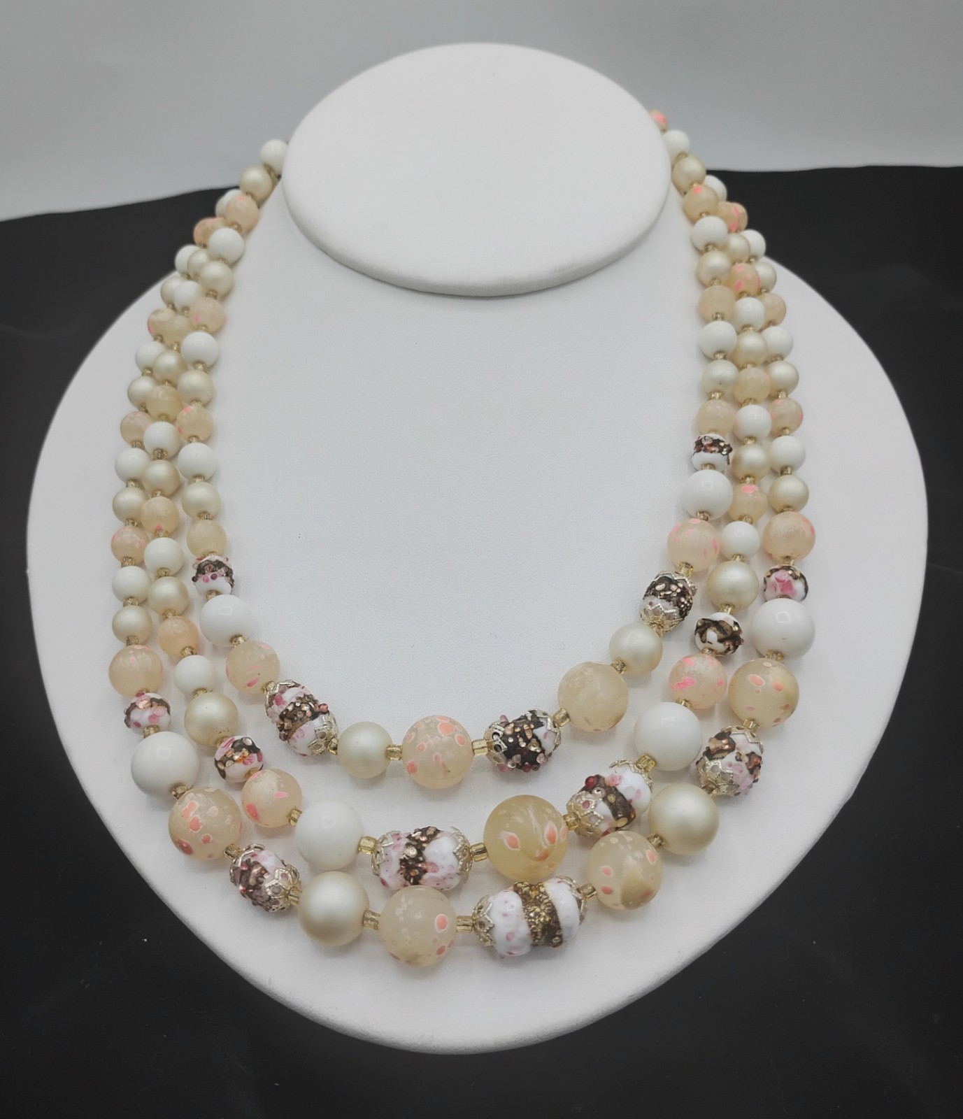Vtg. Japan Necklace 3 Strand Pink,White Beads Sugar Textured, 16.5-18″FREE SHIP