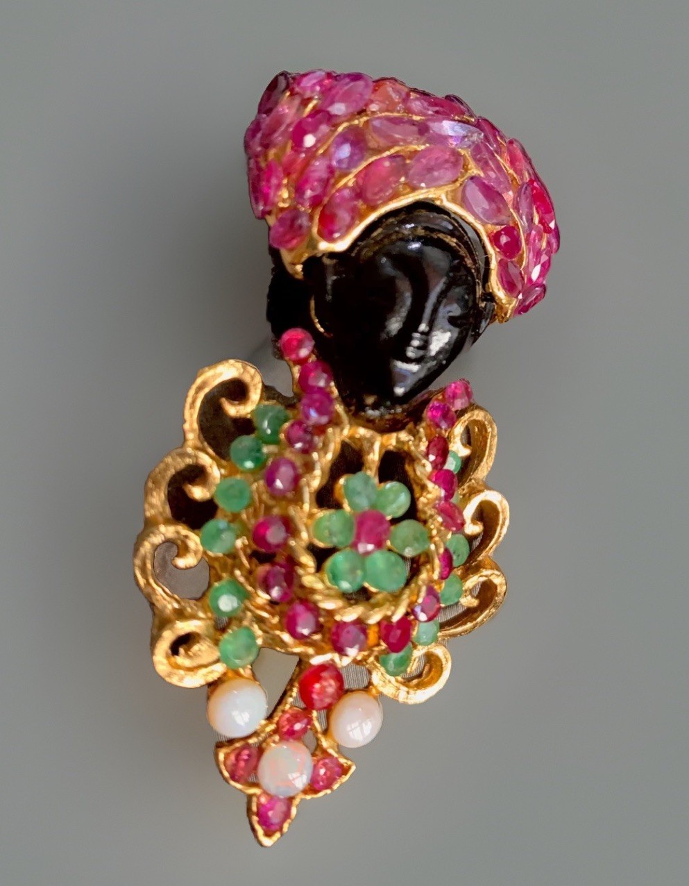Vintage Natural Gemstone Blackamoor Brooch Pin with Ruby, Emerald,opal Gold 24kp