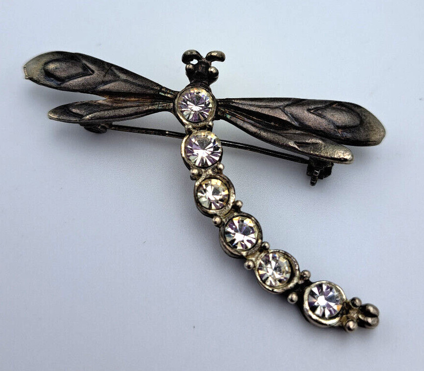 Vintage Dragonfly Brooch Pin Silver Metal Pewter Rhinestone Artisan Figural 3D