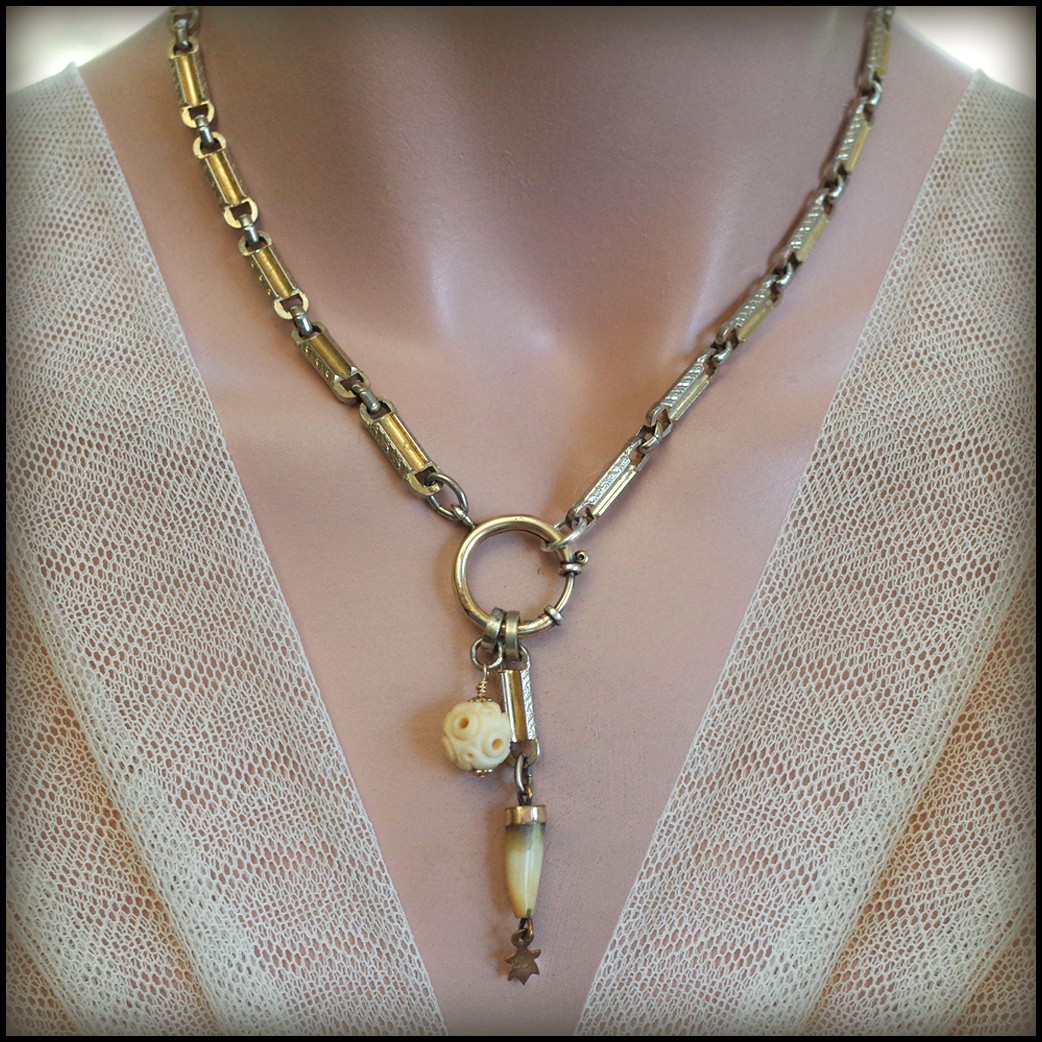 Antique Tooth Fob & Carved Bead Necklace 2 Tone Silver Gold Bar Link Watch Chain