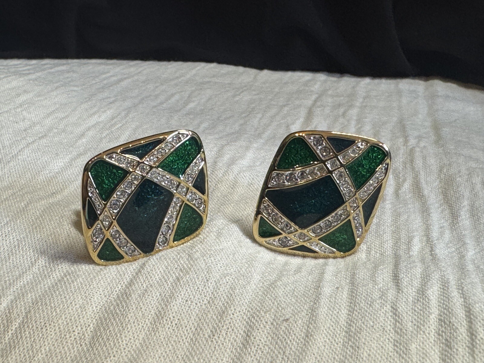 D.S. Coe Blue/Green Earrings With Clear Rhinestones CLIP ON