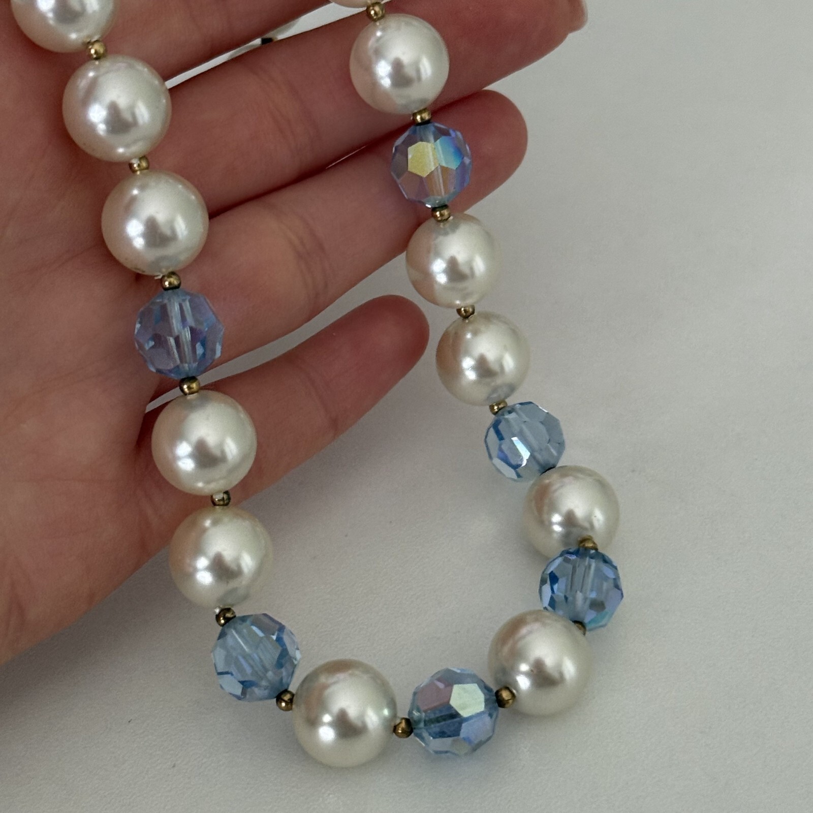 Vintage Blue AB Crystal Faux Pearl Acrylic Beaded Choker Necklace