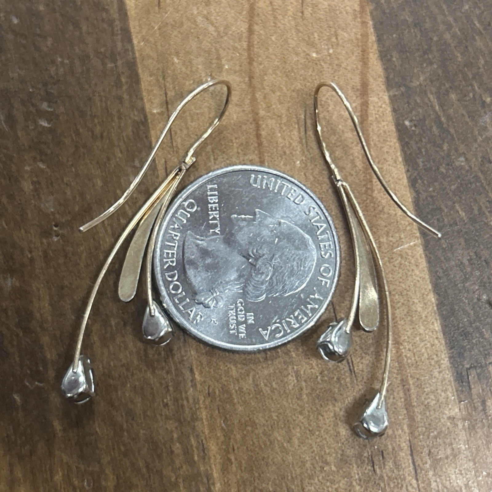 Unmarked Gold Filled Double Teardrop White Stone Drop Earrings 1.9 Grams