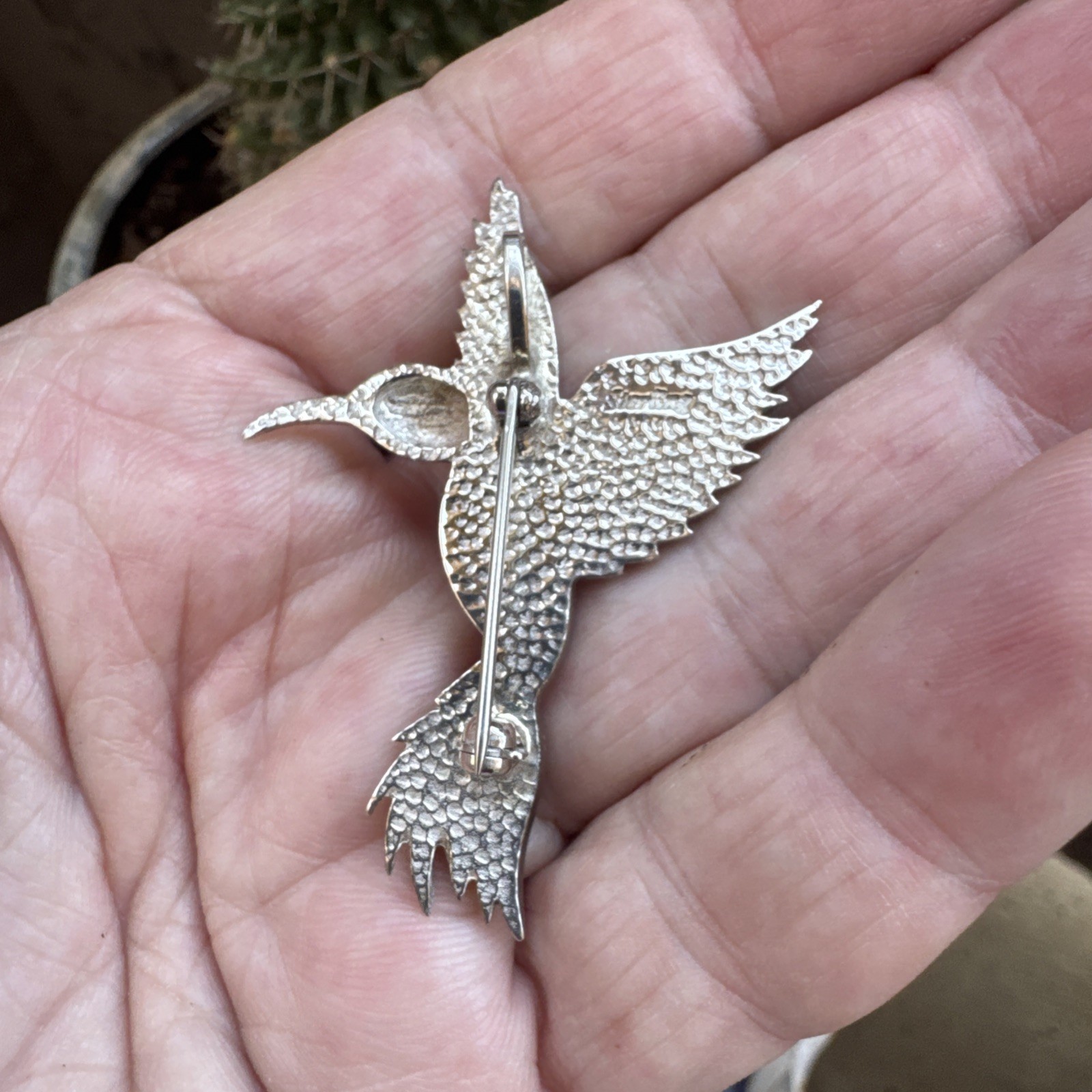 Vintage Sterling Silver Gaspeite+Opal Green Inlay Hummingbird PENDANT or BROOCH