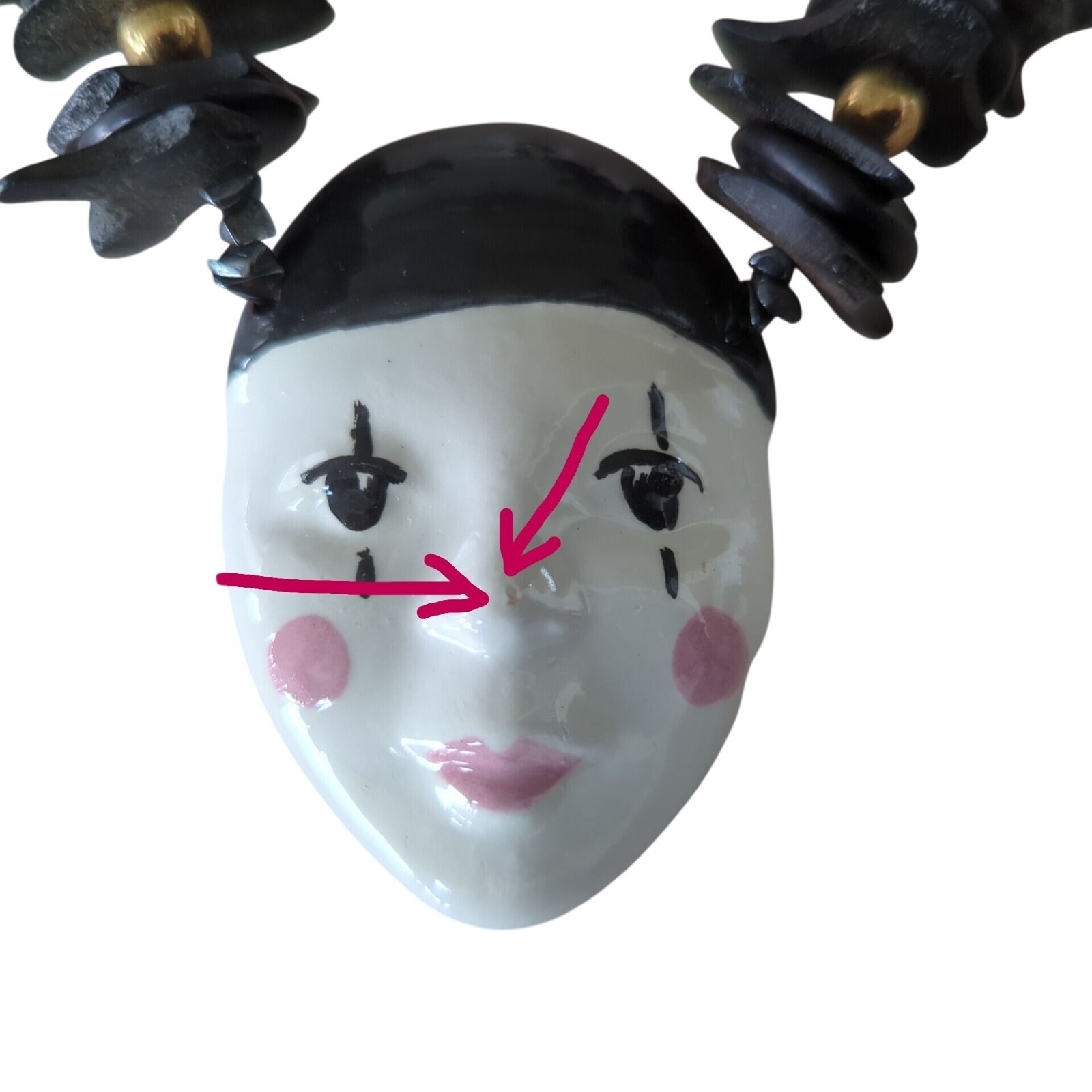 Vintage Harlequin Face Ceramic Pendant Necklace Pink and black stone & wood 25″