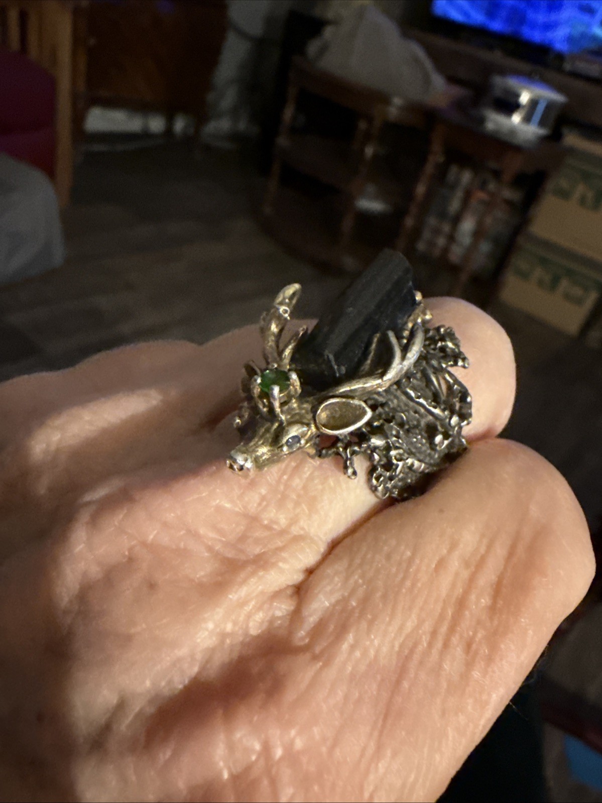 Vintage Reindeer Ring Sterling With A Black Beryl Stone And A Green Stone Size 8