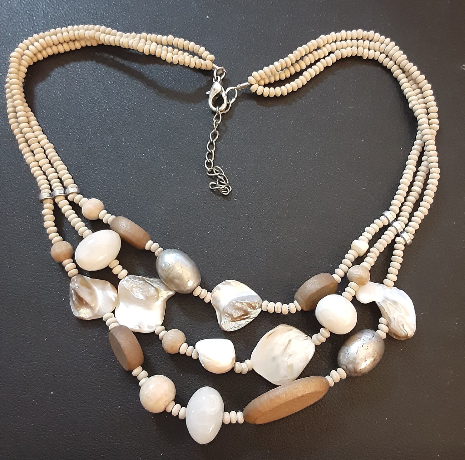 Vintage Shell mop Glass and Wood Bead Necklace Triple Strand
