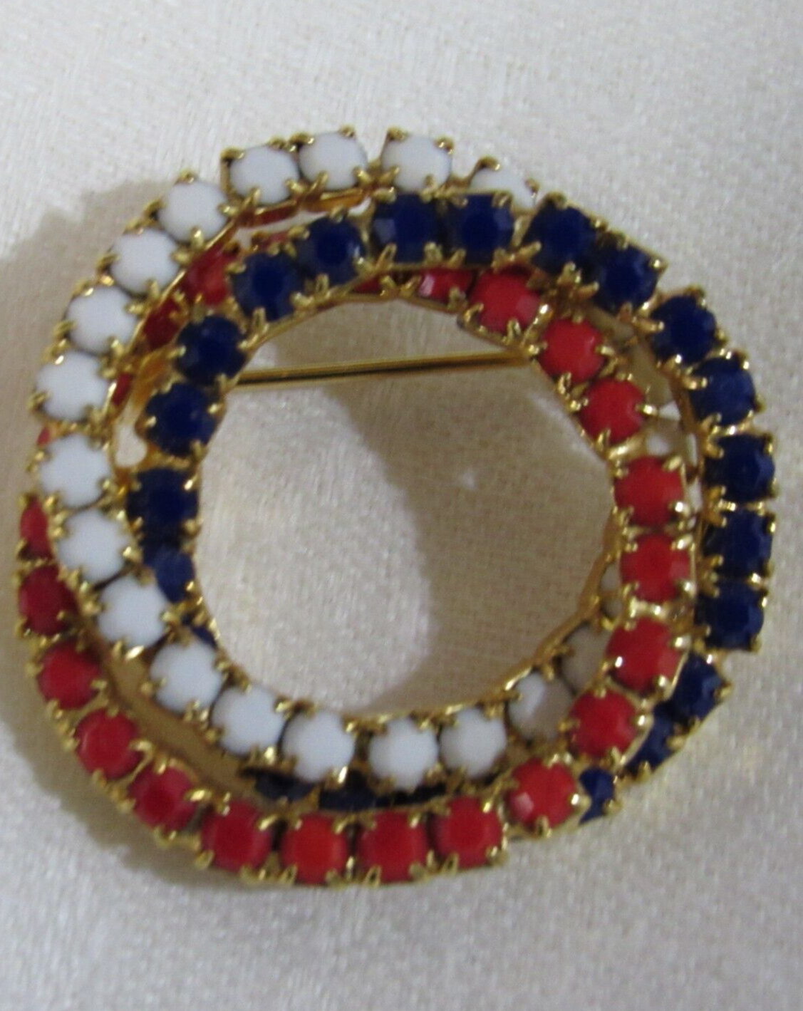 Vintage Beaded Circle Pin Red White and Blue Pronged 1 3/8″ USA 1950s