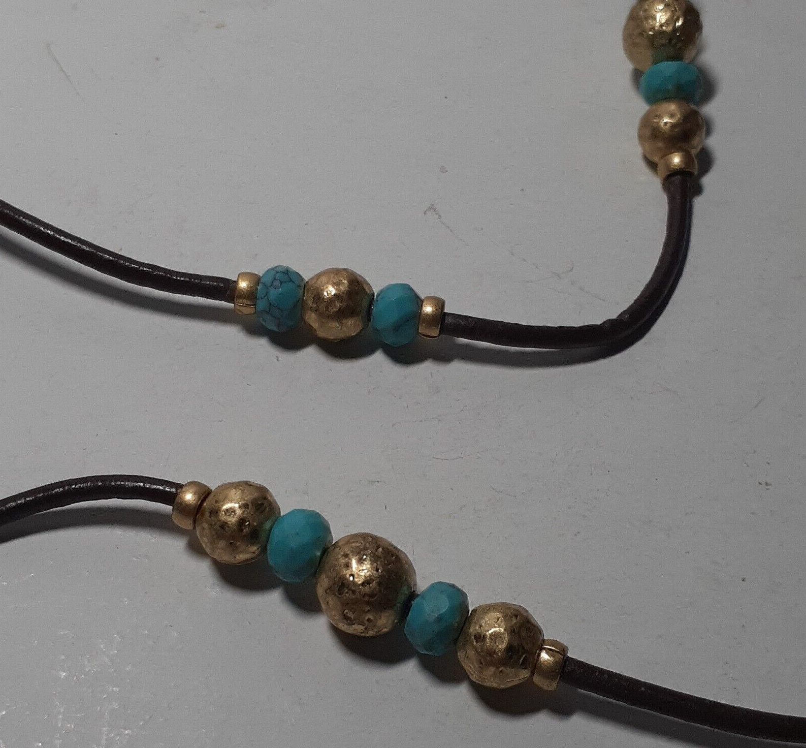 Artisan Leather Cord Necklace Hammered Metal Beads Blue Mixed Materials 32″