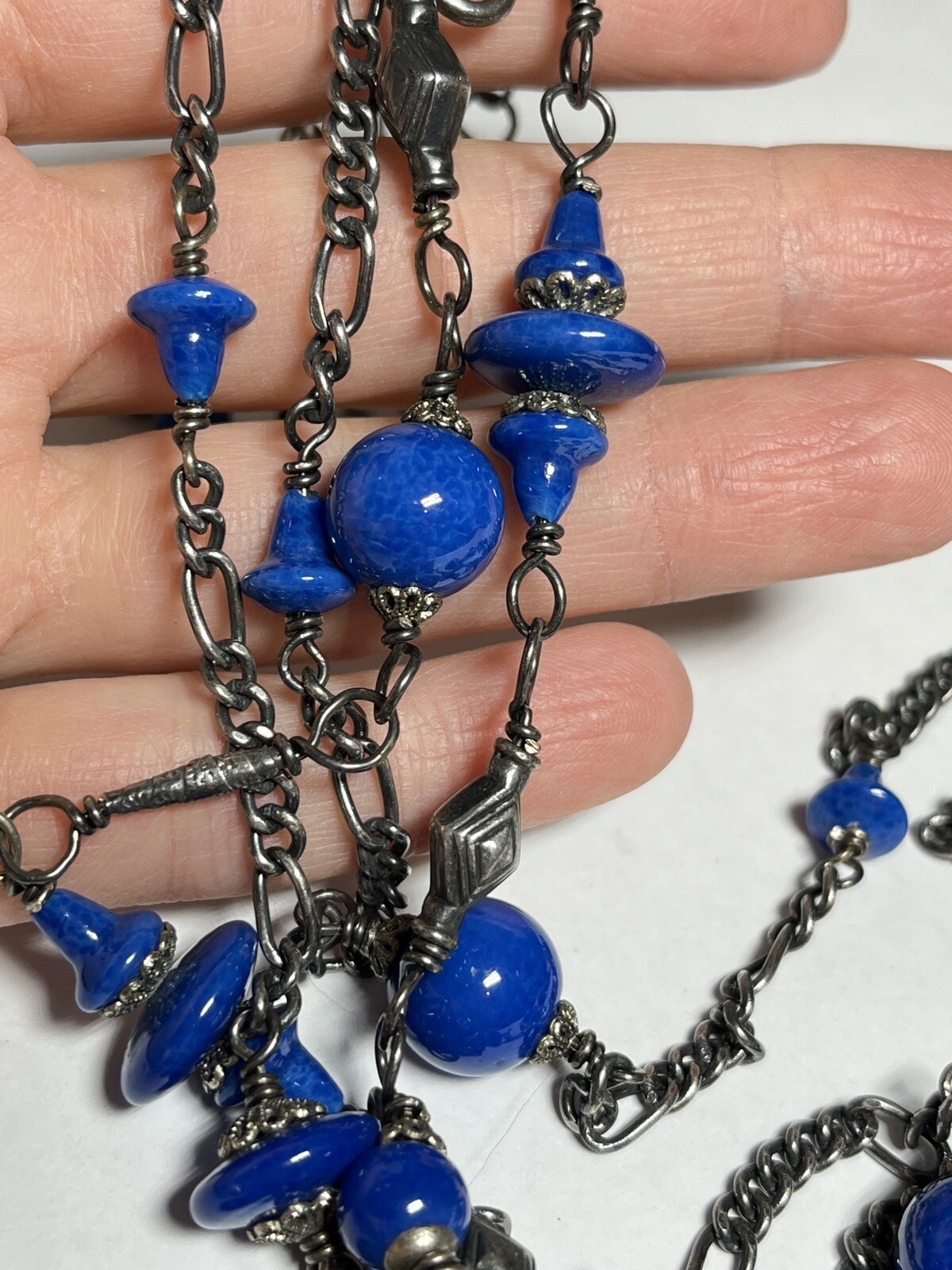 Deco Egyptian Revival Cech Style Stone Bead Blue Station Pendant Necklace RR1520